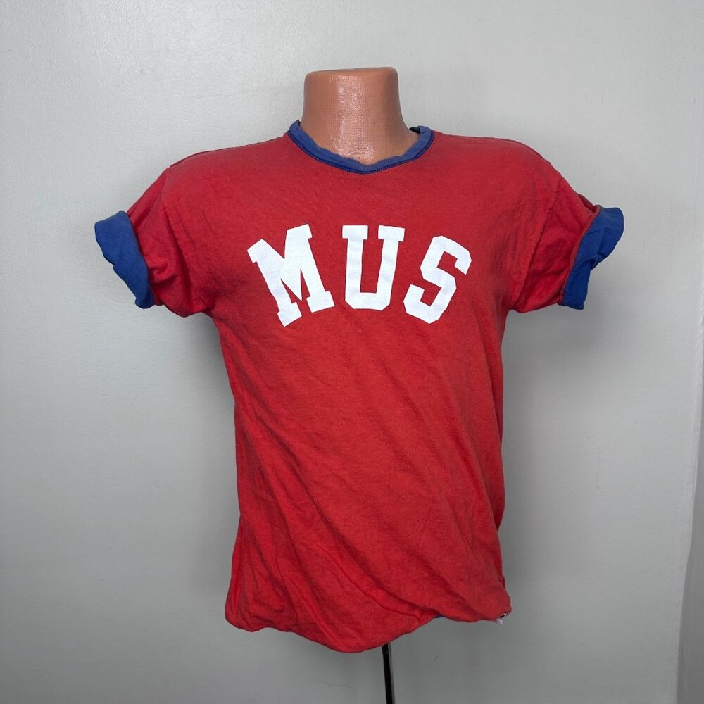 Vintage 1980s MUS Red and Blue Reversible T-Shirt, Champion Size Medium, Memphis